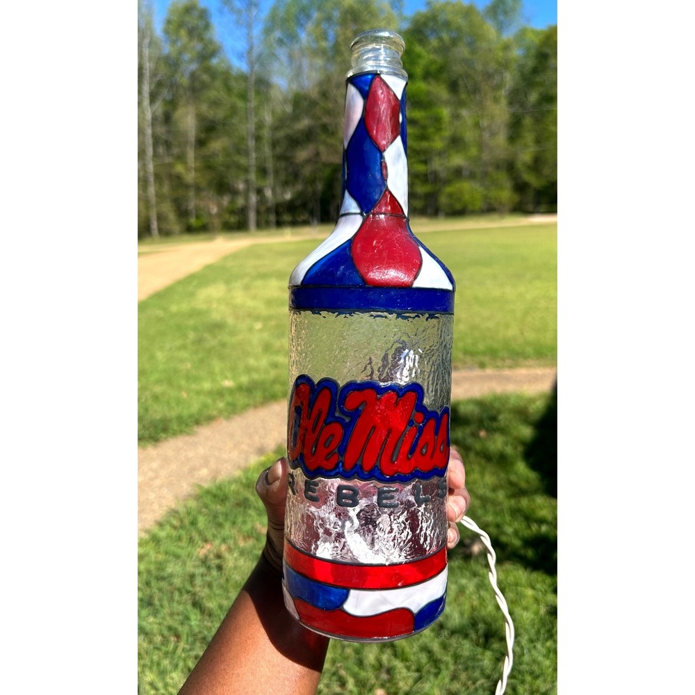Randam Art Ole Miss Rebels Bottle Lamp 12.5in Red Blue Glass Hand-Painted bottle